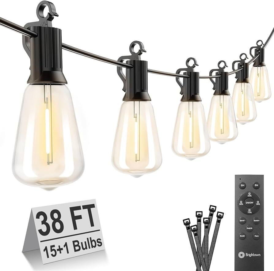 Brightown Outdoor String Lights with Remote, 38FT LED Patio Lights with 16 Shatterproof ST38 LED ... | Amazon (US)