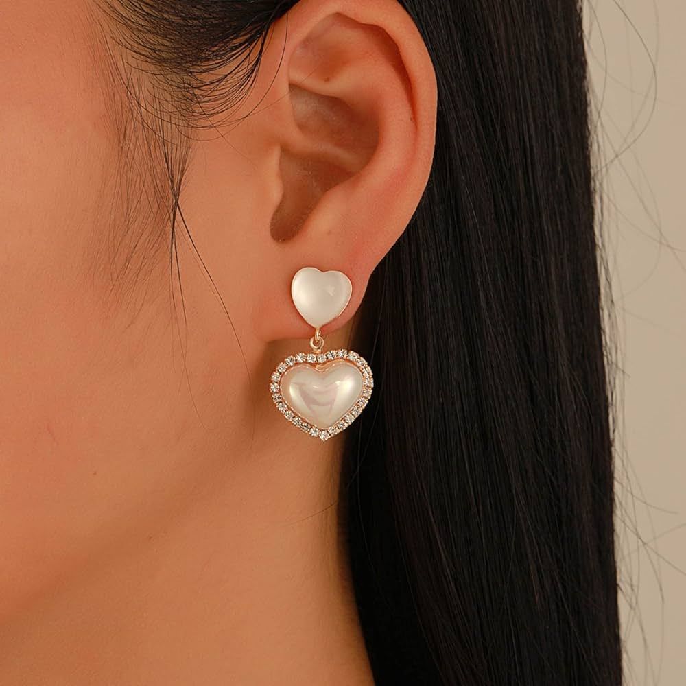 Zeshimb Rhinestoes Heart Earrings Vintage Cz Pearl Studs Earrings Crystal Double Heart Dangle Ear... | Amazon (US)