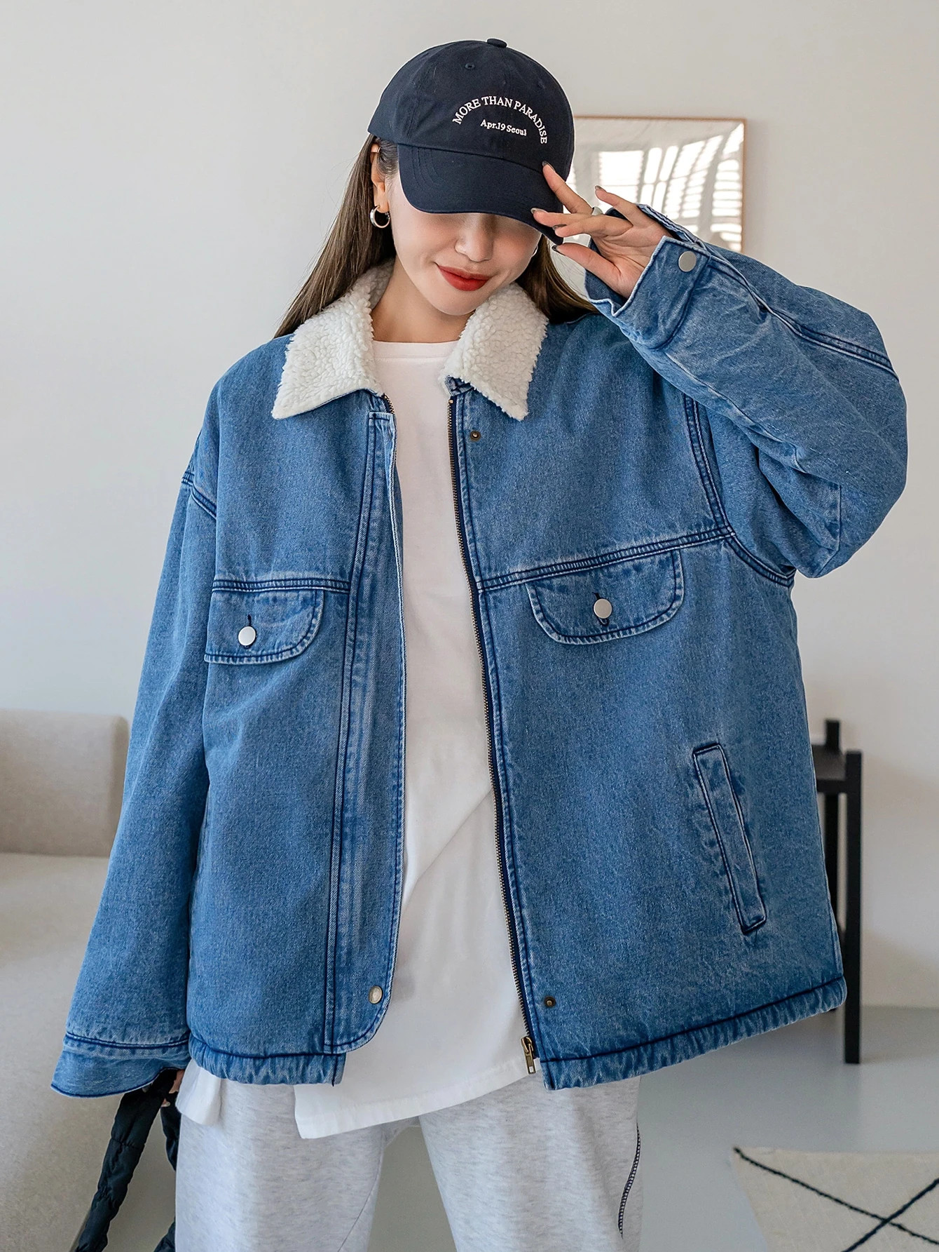 DAZY Borg Collar Drop Shoulder Teddy Lined Denim Jacket | SHEIN