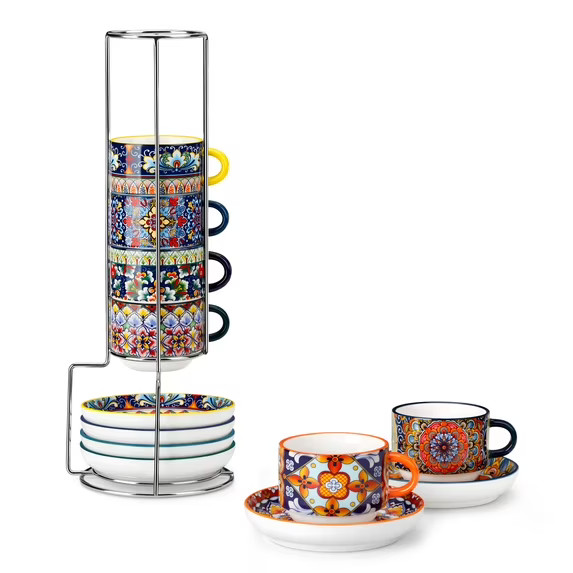 malacasa Coffee Mug Set, 4oz Porcelain Stackable Espresso Cups with Saucers and Metal Stand, Espr... | Walmart (US)