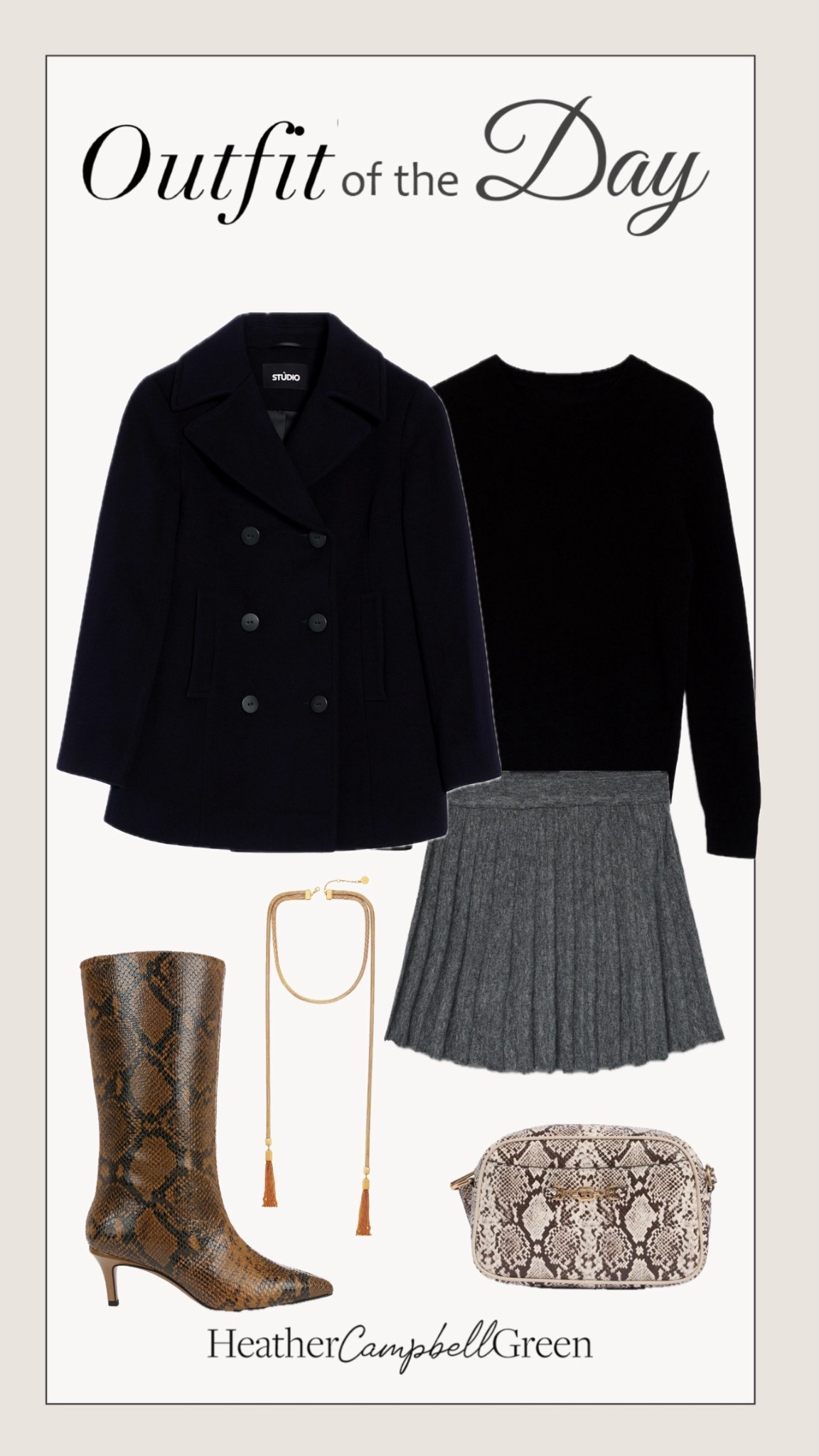 This quiet-luxury look is the definition of timeless chic tailored, textural, and elevated. I paired a navy wool peacoat with a sleek black cashmere sweater and a pleated gray mini for that polished-meets-playful balance. Snake-print boots and a matching crossbody add a bold statement moment while keeping things neutral and wearable. Perfect for fall outings, city strolls, or cozy dinner dates this look proves effortless sophistication never goes out of style.

@NordstromRack #NordstromRackPartner #RackScore