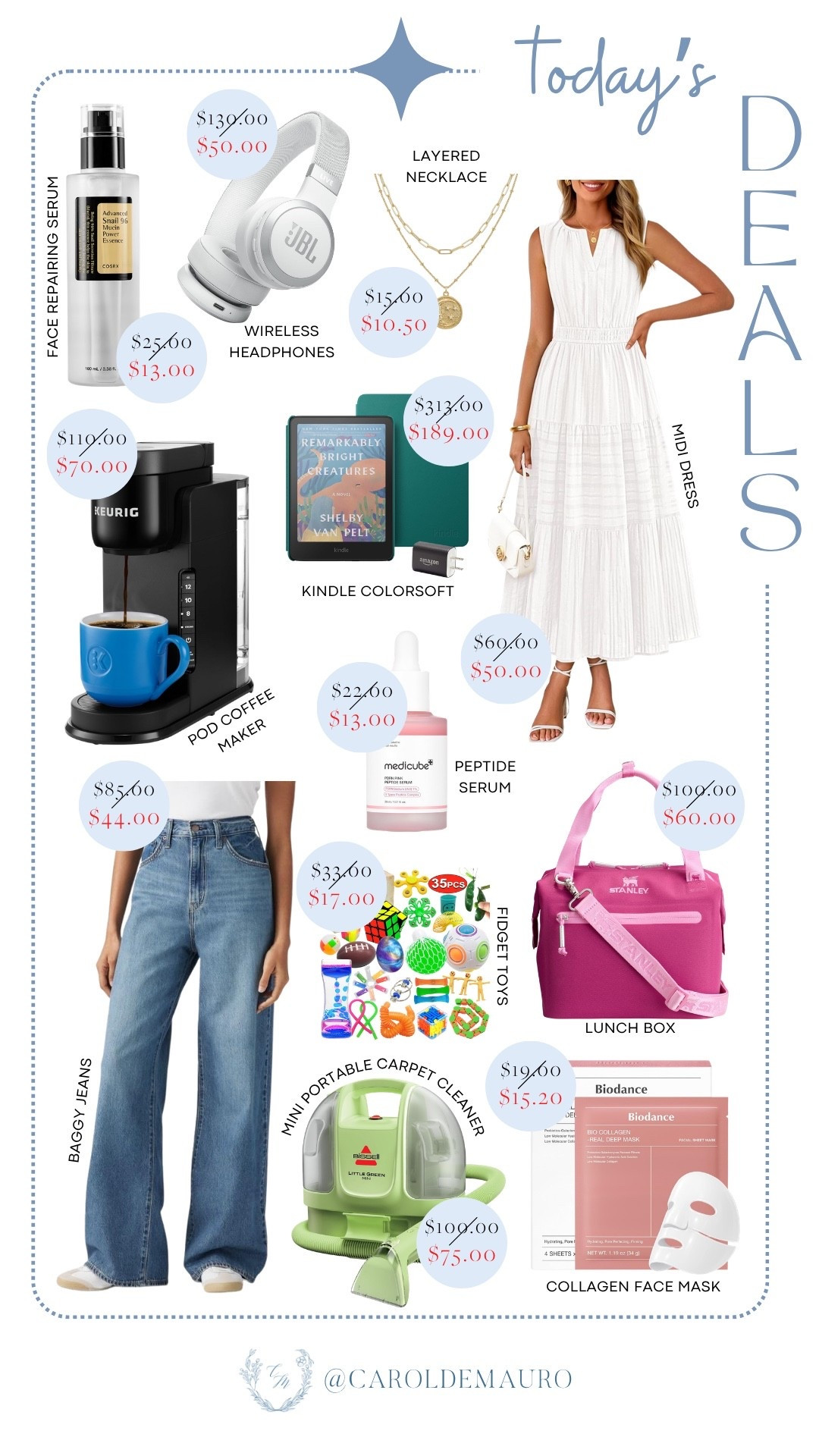 Score big on today’s best finds! Shop these deals now and grab your favorites before they’re gone: wireless headphones, Kindle Colorsoft, pod coffee maker, mini portable carpet cleaner, face-repairing serum, peptide serum, collagen face mask, midi dress, baggy jeans, lunch box, layered necklace, and fidget toys.

spring fashion, wardrobe refresh, tech gadgets, skincare faves, home essentials, cleaning tools, on sale now, amazon finds

#LTKSaleAlert #LTKSeasonal #LTKU