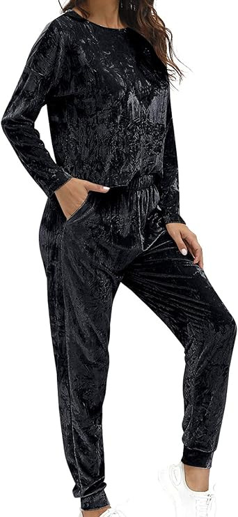 Velvet Lounge Set For Women - Wrinkle Solid Two Piece Loungewear Pajamas Tracksuit Sets | Amazon (US)