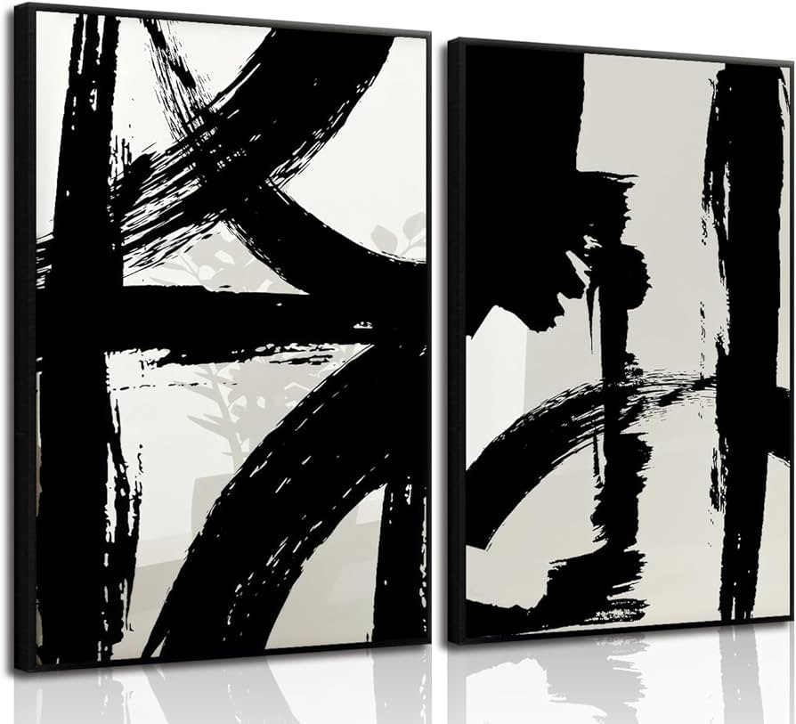 Black and White Brush Stroke Wall Art Modern Abstract Minimalist Ink Line Painting Picture Mid Ce... | Amazon (US)