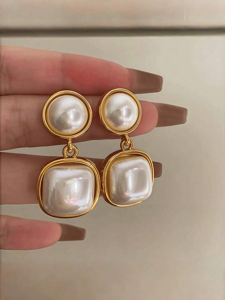 1 Pair Of Gold Elegant Pearl Geometric Earrings, High-End French Style Earrings, Suitable For Women's Gifts For Daily Wear | SHEIN