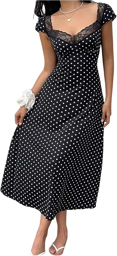 Milumia Women's Polka Dots Lace Trim Maxi Dress Sweetheart Neck Short Sleeve A Line Dresses | Amazon (US)