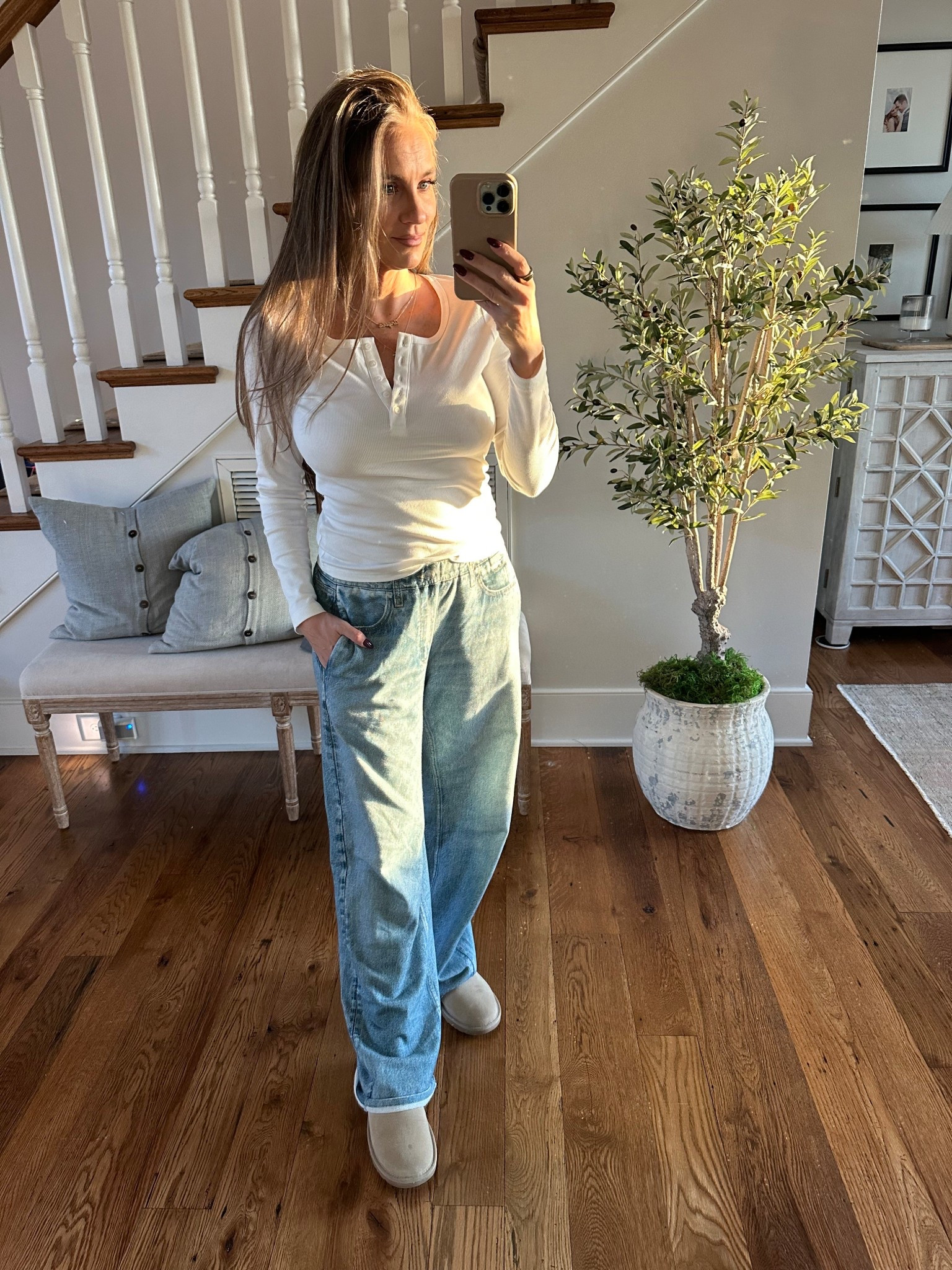 Casual and comfy outfit. Amazon find Henley shirt is nursing friendly and on sale for $11. Sweatpant jeans are also on sale!

#LTKmomlife #LTKSaleAlert #LTKCyberWeek