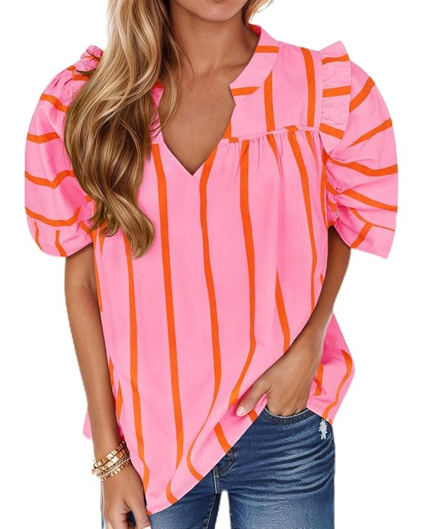 Tankaneo Womens Striped V Neck Blouses Short Puff Sleeve Dressy Casual Shirts Summer Trendy Loose... | Amazon (US)