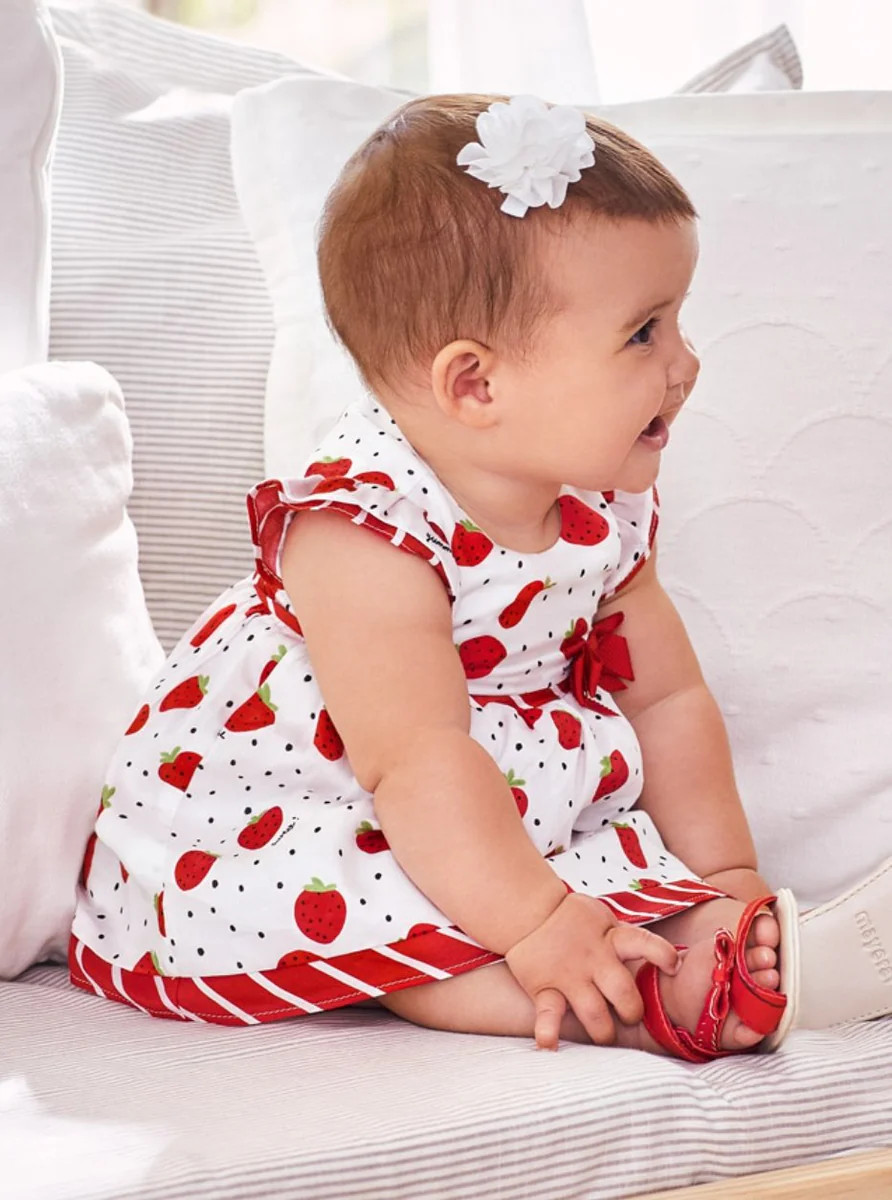 Mayoral Baby Girl White and Red Strawberry and Polka Dot Dress | HoneyPie Kids Children's Clothing Boutique