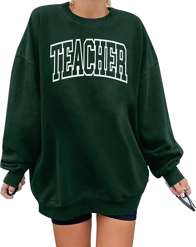 BANGELY Teacher Sweatshirt Women Oversized Retro Teach Crewneck Shirt Embroidery Teacher Life Pul... | Amazon (US)