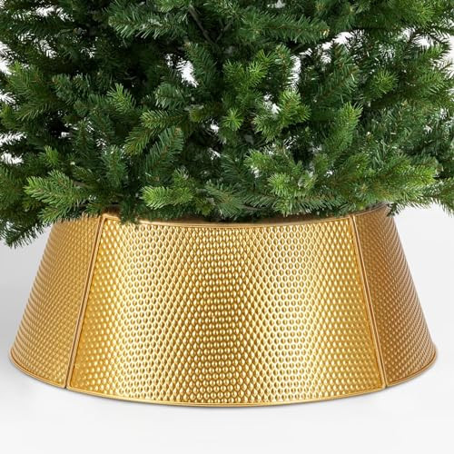 SUNNYPARK Metal Christmas Tree Collar Decoration, 23’’D Golden Christmas Tree Ring with Rhomboid-Patterned Basket Base Cover - Golden | Amazon (US)
