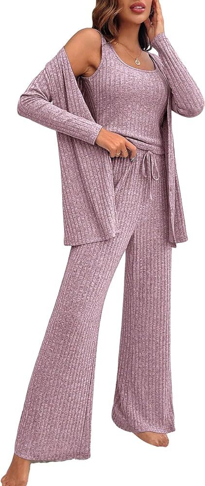 MakeMeChic Women's Lounge Sets 3 Piece Pajamas Set Open Front Cardigan Tank Tops Pants Loungewear... | Amazon (US)