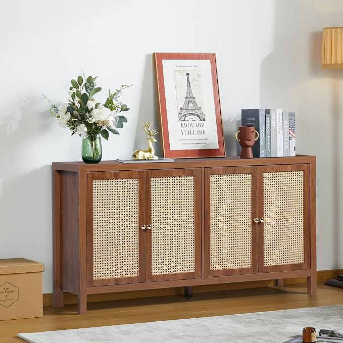 QHITTY Sideboard Buffet Cabinet, Rattan Accent Cabinet Storage Cabinet Console Table with 4 Doors... | Amazon (US)