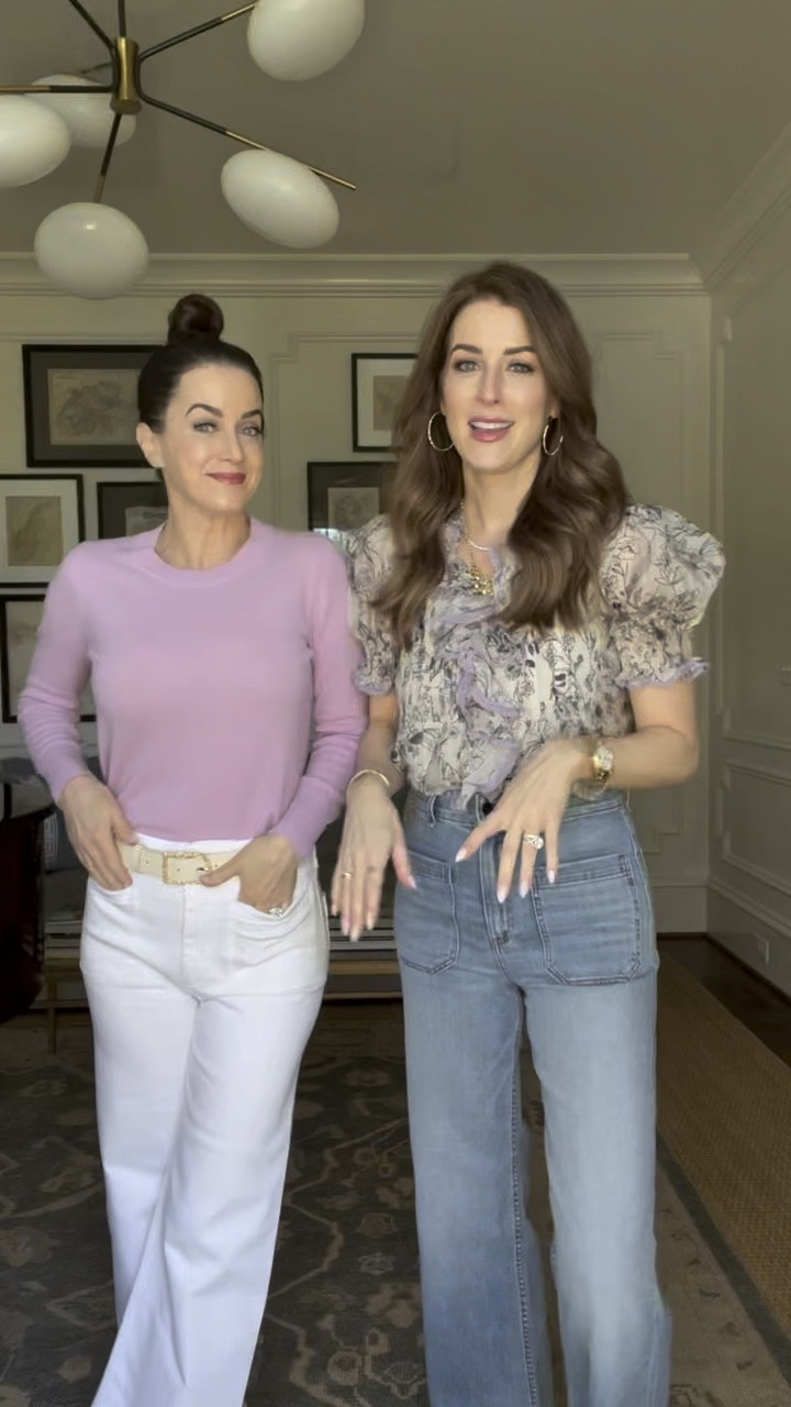 -I am obsessed with Megan’s beautiful lavender thin cashmere sweater for spring. It’s the perfect color and weight as we head into one of my favorite seasons. Her sweater ties into the lavender that is also in my top. Typically I don’t go for a lot of extra material on top but this shirt had it in all the right places. We are both wearing a size small. 

-Both of our high rise denim are a size 26. 

- Both shoes are in a size 8 but will size up a half size in the gold woven flats I have linked. 

Spring outfit, casual, Shopbop, Anthropologie, cashmere, ASKK NYC denim

#LTKover40 #LTKstyletip #LTKshoecrush