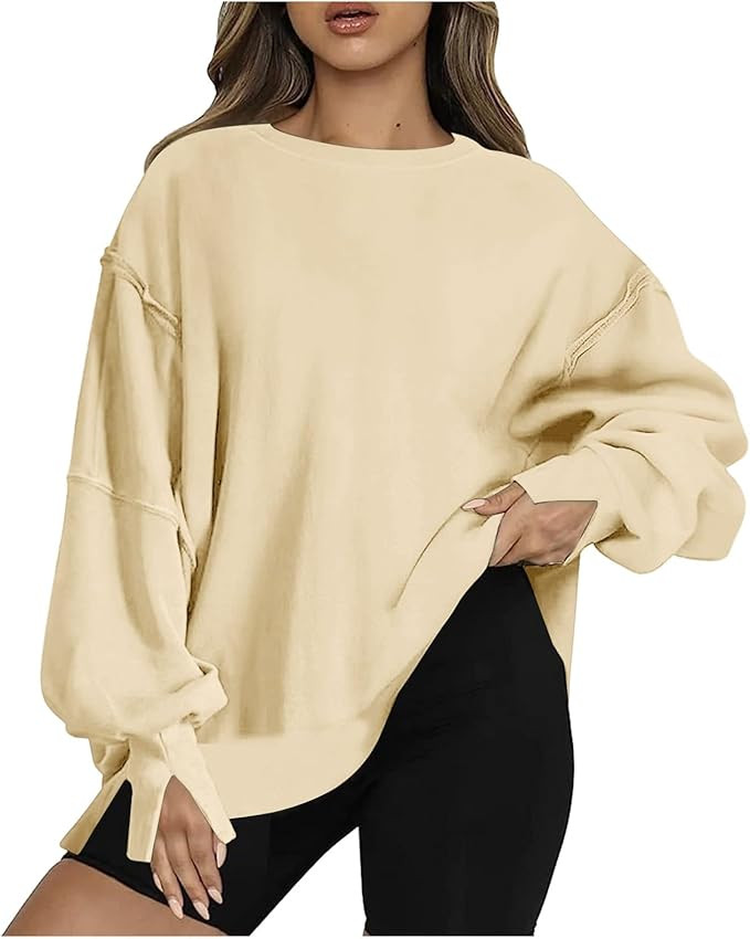 SHOPESSA Womens Casual Hoodies Pullover Split Cuff Long Sleeve Solid Color Shirt Vintage Oversize... | Amazon (US)