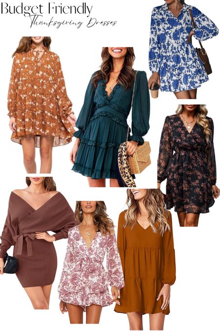 Long sleeve Thanksgiving dresses in all the fall colors that are perfect for your  Thanksgiving outfit. Pair them with some tall boots or ankle booties and a crossbody bag and dainty jewelry to complete the look. 

#LTKstyletip #LTKSeasonal #LTKHoliday
