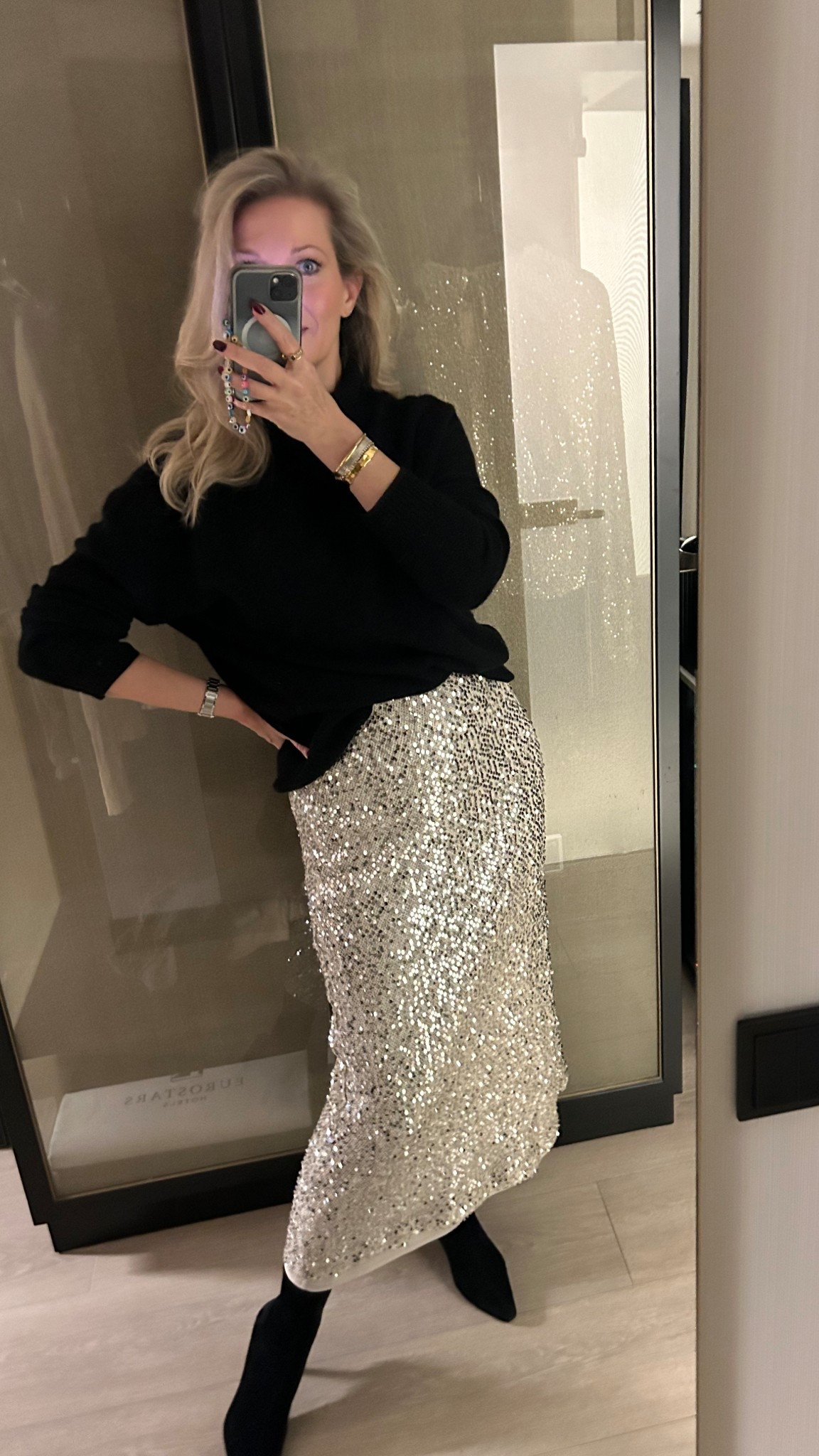 Silver sequin skirt + black cashmere roll neck jumper + black suede sock boots | The perfect timeless day to night cold weather outfit | Date night | Lunch with friends 

#LTKover50style #LTKuk #LTKstyletip