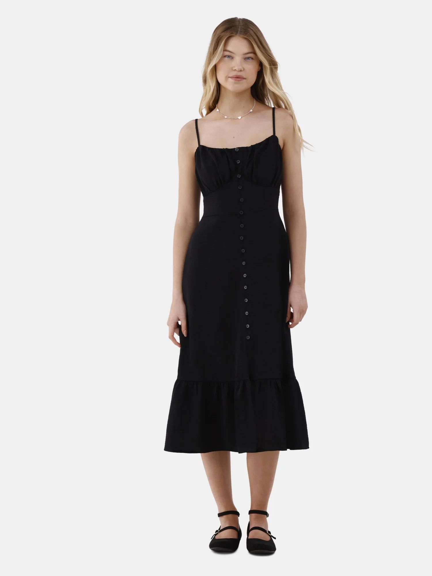 No Boundaries Button Front Flounce Midi Dress, Women’s - Walmart.com | Walmart (US)