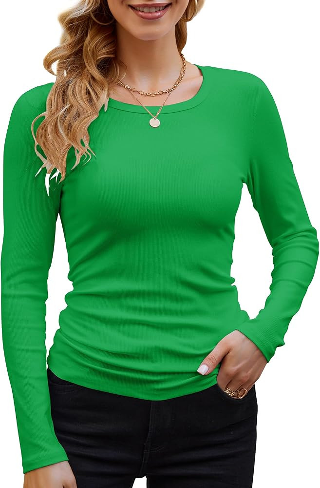 GEMBERA Womens Ribbed Long Sleeve Crewneck Casual Slim Basic Shirts Fitted Knit Tops | Amazon (US)