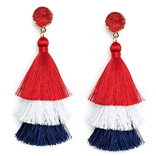 4th of July Earrings Red White Blue Patriotic Earrings for Women Dangle Tassel American Flag Earring 250th Anniversary USA Earring Memorial Independence Day 4th of July Outfits Accessories for Women | Amazon (US)