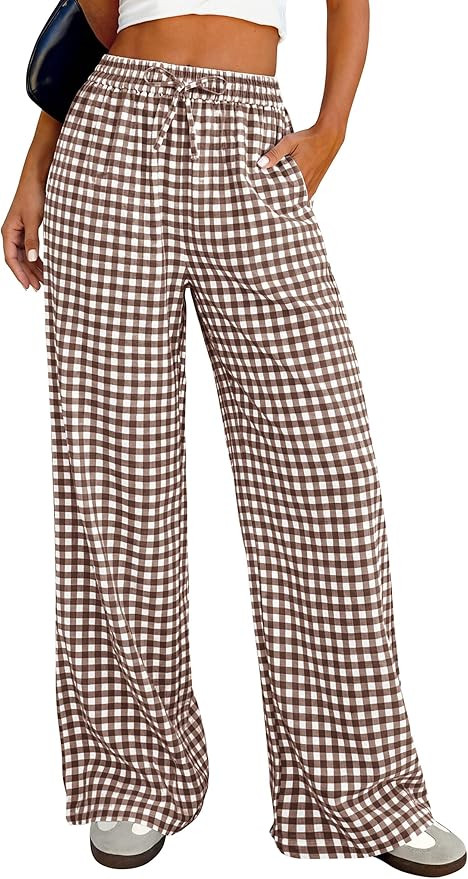 PRETTYGARDEN Women's Wide Leg Gingham Lounge Pants Summer 2026 Casual Plaid Trousers Spring Y2K C... | Amazon (US)