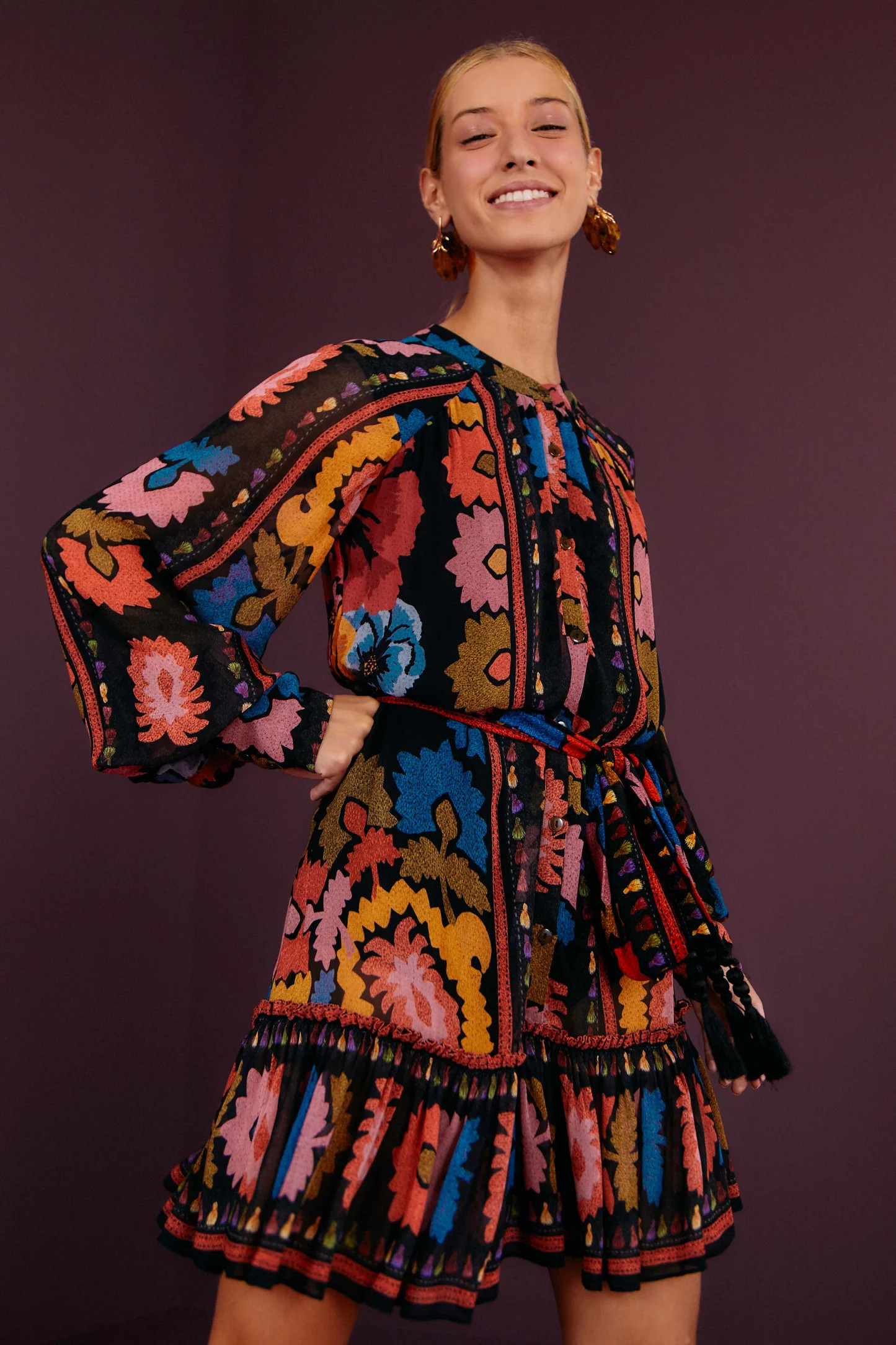 Black Flowers Tapestry Mini Dress | FarmRio (US)