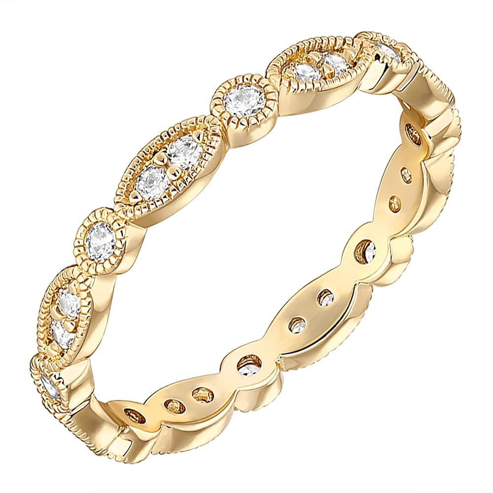 PAVOI 14K Gold Plated Cubic Zirconia Band | Round Milgrain Eternity Bands | Gold Rings for Women | Amazon (US)