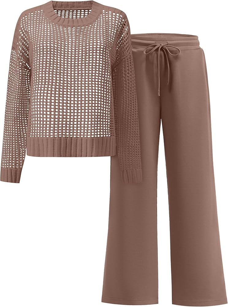 ANRABESS Womens 2 Piece Outfits Crochet Sheer Knit Sweater Top Wide Leg Pants Lounge Sets Sweatsu... | Amazon (US)