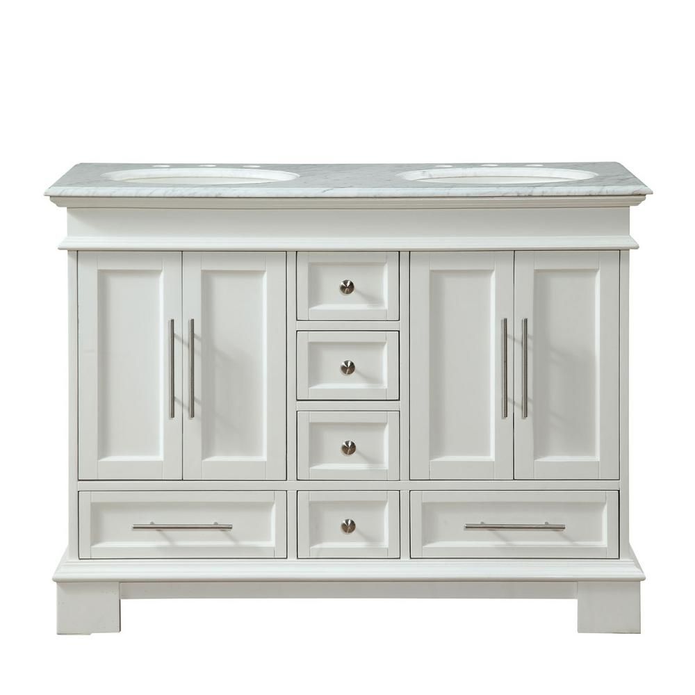 Silkroad Exclusive 48 in. W x 22 in. D Vanity in White with Marble Vanity Top in Carrara White wi... | The Home Depot