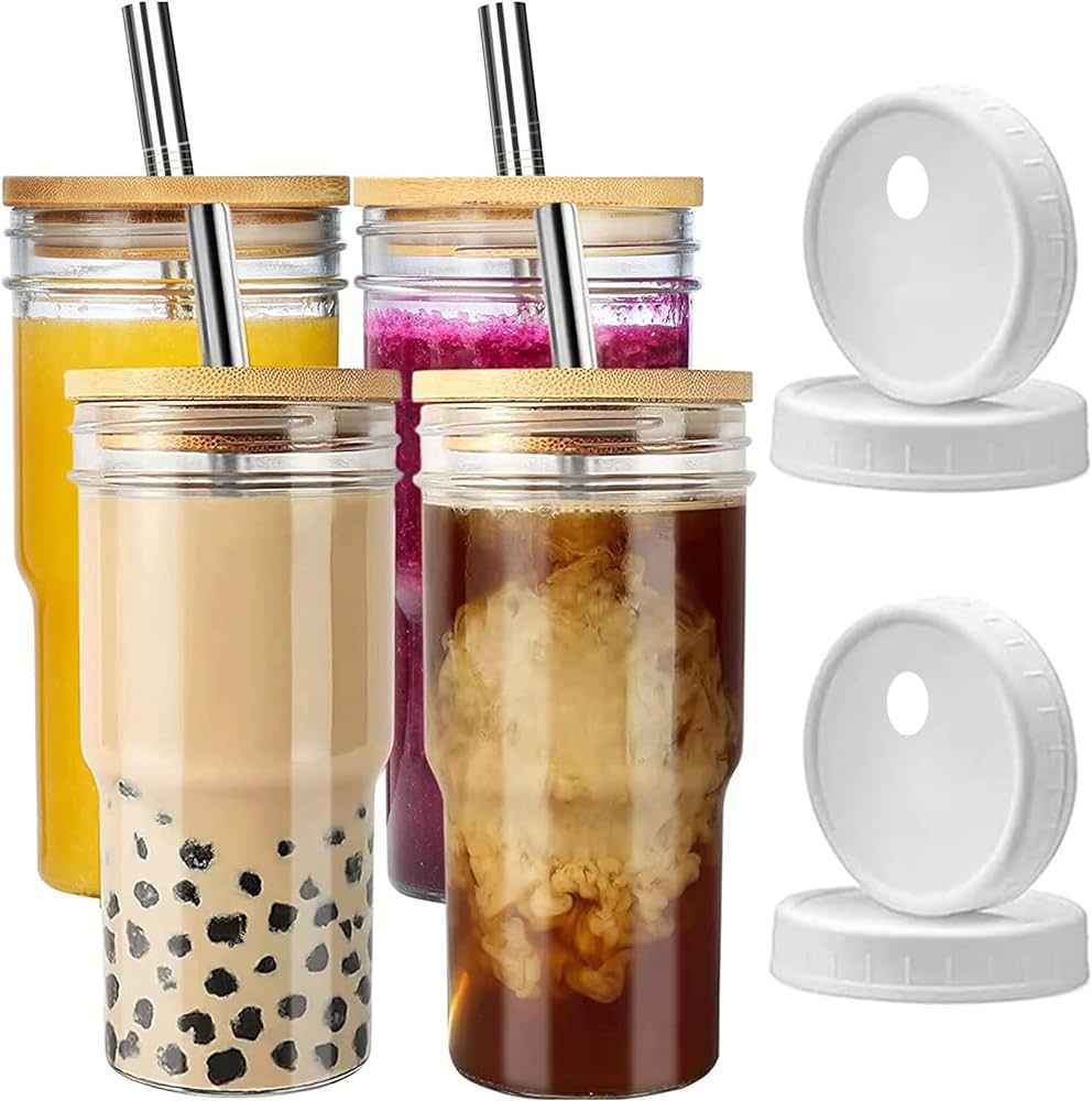 4 Pack Glass Tumbler Cups with Bamboo Lids and Straws, 22oz Smoothie Cup with 4 Airtight Lids Ice... | Amazon (CA)