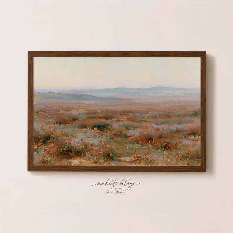 Framed Poppy Field Wall Art: Vintage Floral Landscape, Cottage Landscape Painting | Etsy (Global)