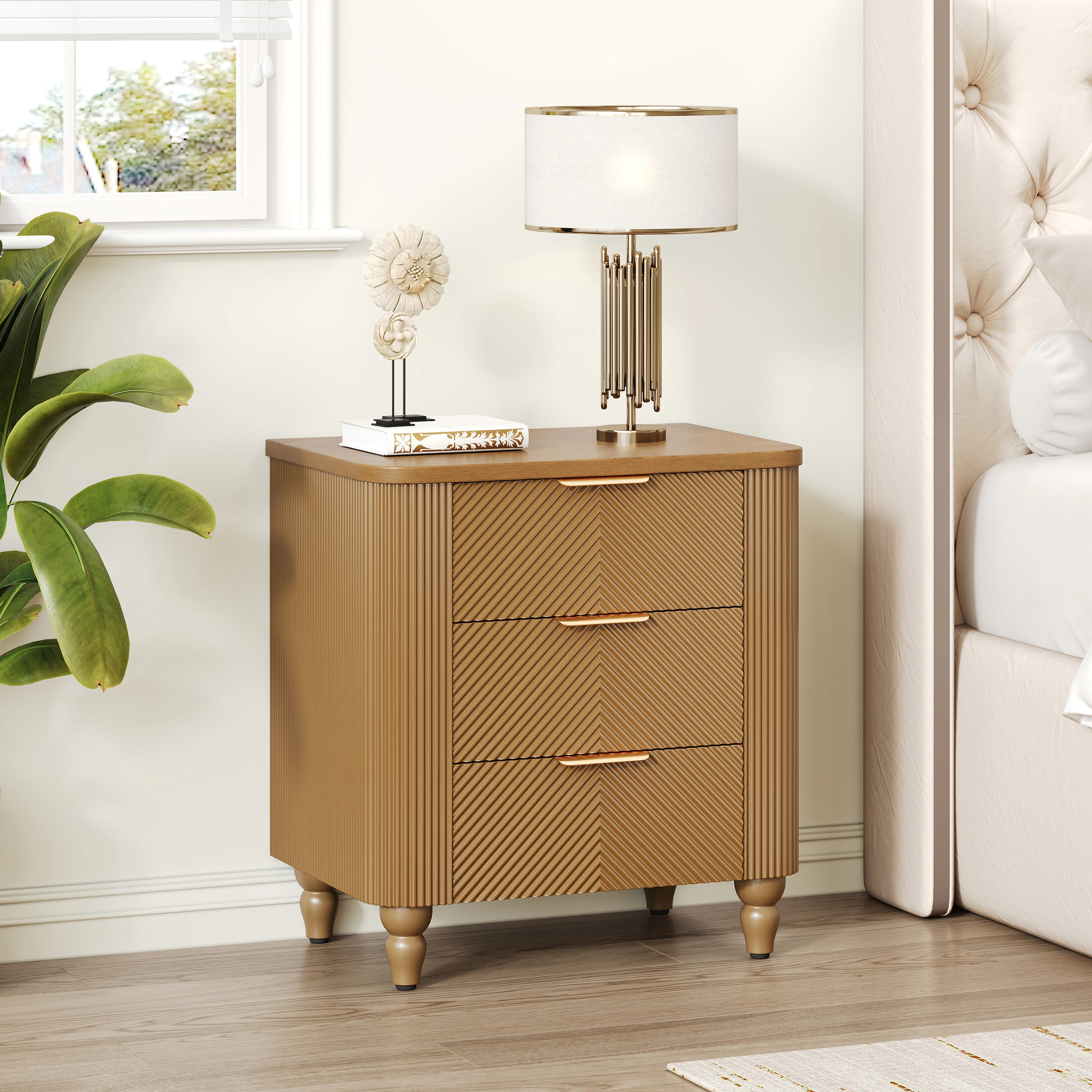 Blisstyle Mid Century Fluted 3 Drawers Nightstand Bedside Table with Curved Profile Design and Wide Gold Glossy Handles End Table for Living Room | Lowe's