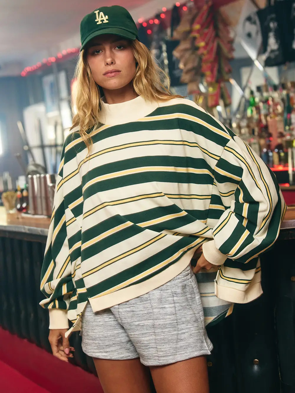 Striped Oversized Crewneck Top - Green | Nellie Mae