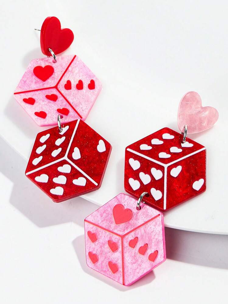 1 Pair Fashionable Acrylic 3D Geometric Dice Dangle Earrings, Colorful Holographic Design, Suitable For Women Wearing On Festivals | SHEIN