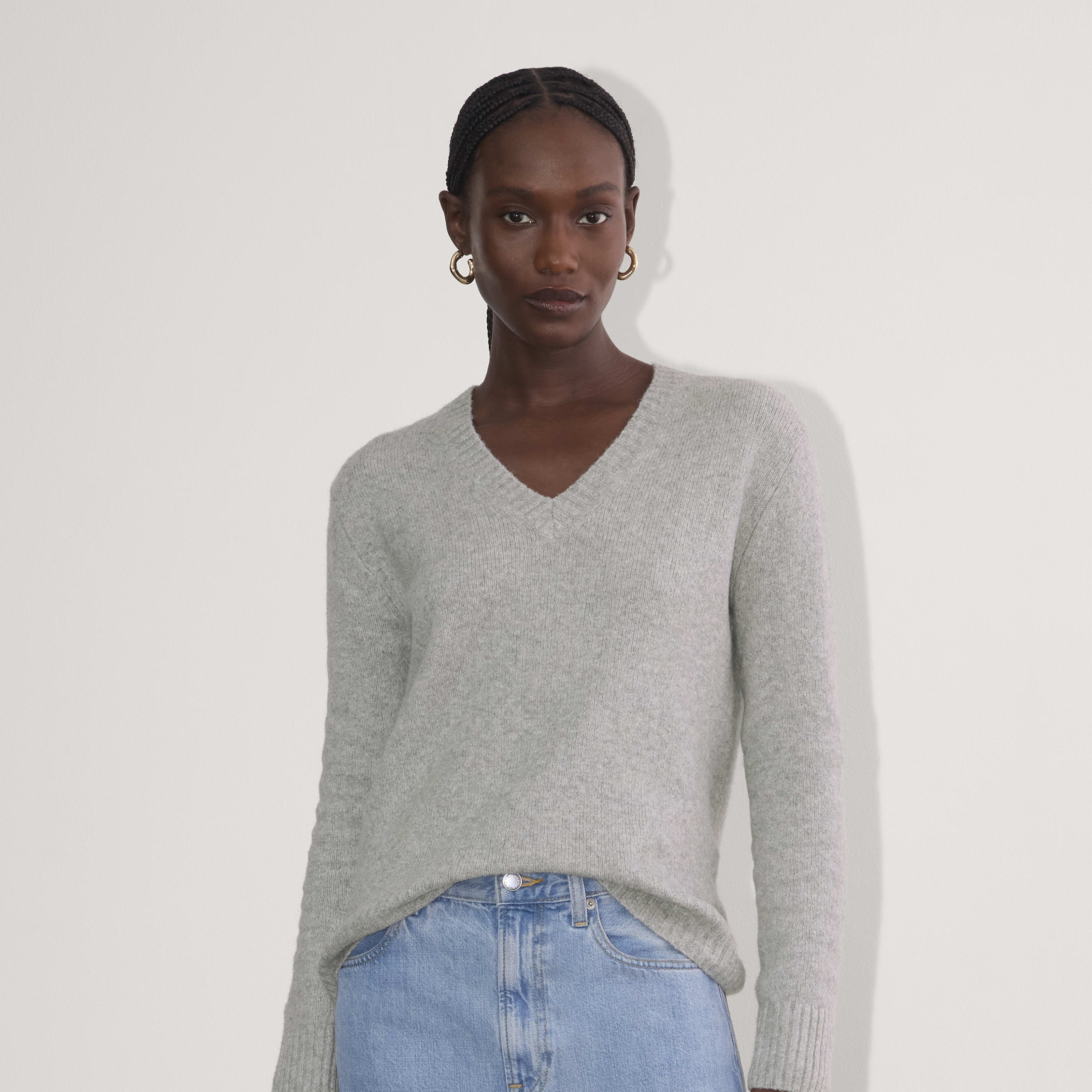 Women's V-Neck Sweater in Plush Cotton by Everlane in Heathered Grey, Size S | Everlane