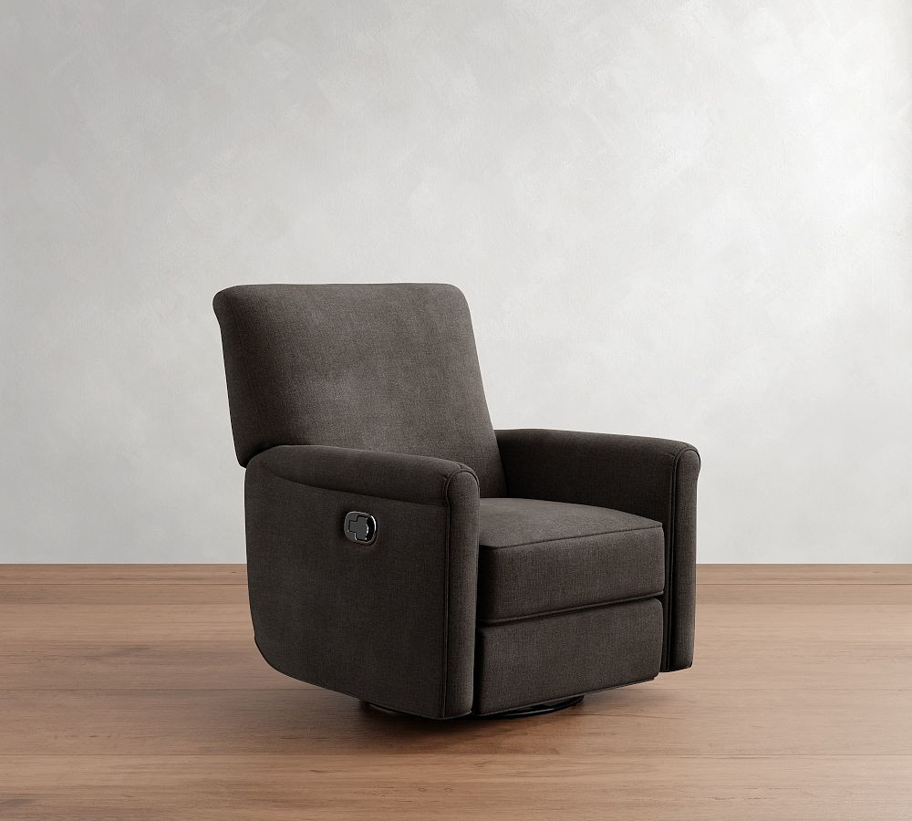 Irving Roll Arm Upholstered Swivel Glider Recliner, Polyester Wrapped Cushions, Rustic Chenille Brown | Pottery Barn (US)
