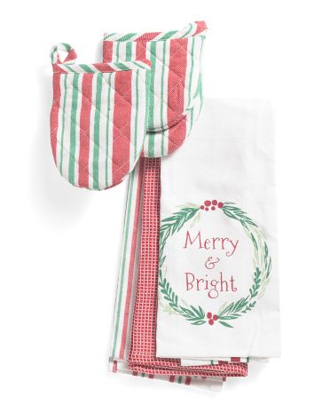 Tjmaxx Xmas Home, Holiday Linens Kitchen, Set Of 5 Merry And Bright Linens Gift Set | TJ Maxx