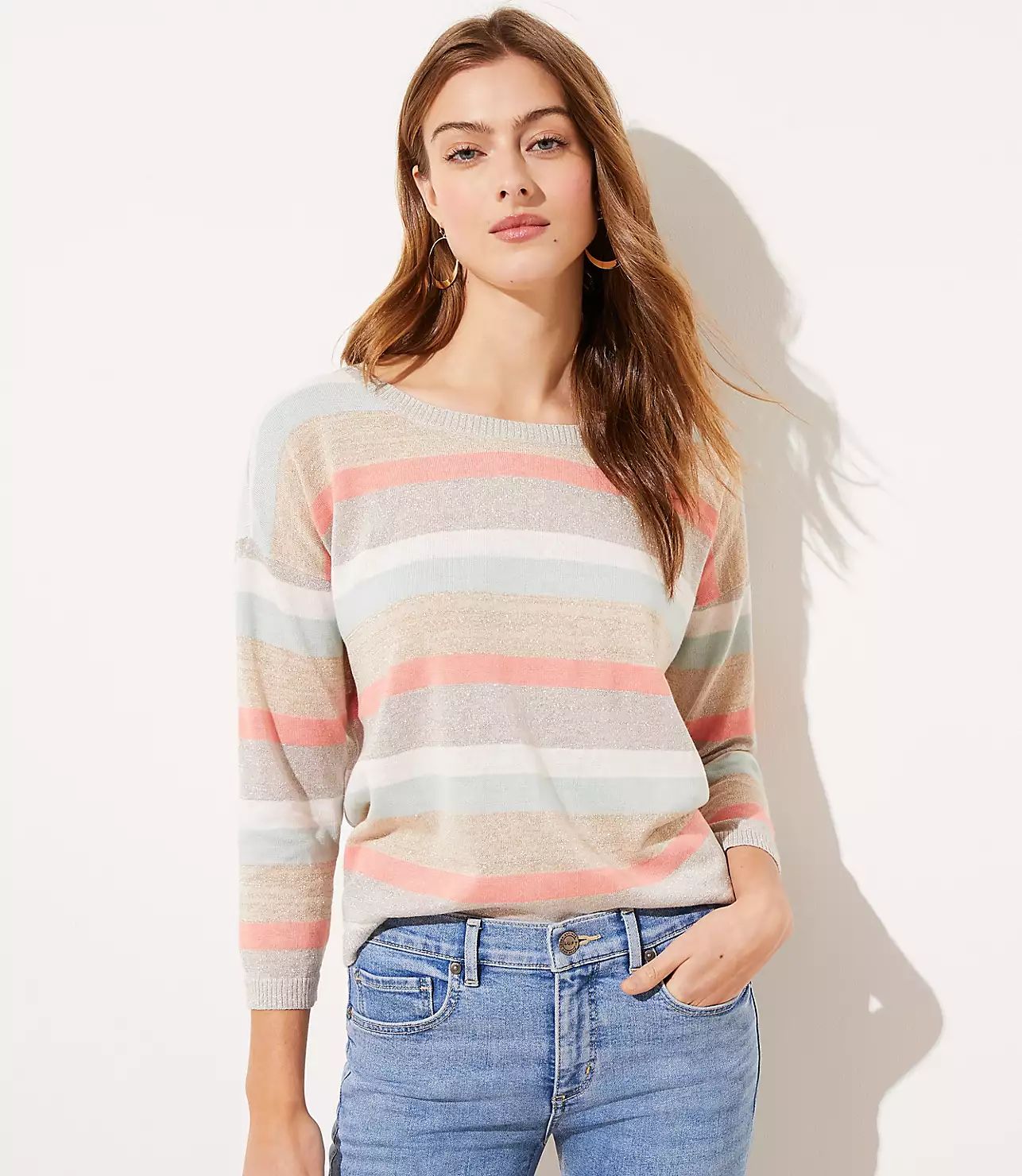 Shimmer Striped 3/4 Sleeve Sweater | LOFT | LOFT