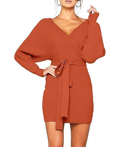 Mansy Women's Sexy Cocktail Batwing Long Sleeve Backless Mock Wrap Knit Sweater Mini Dress Orange | Amazon (US)