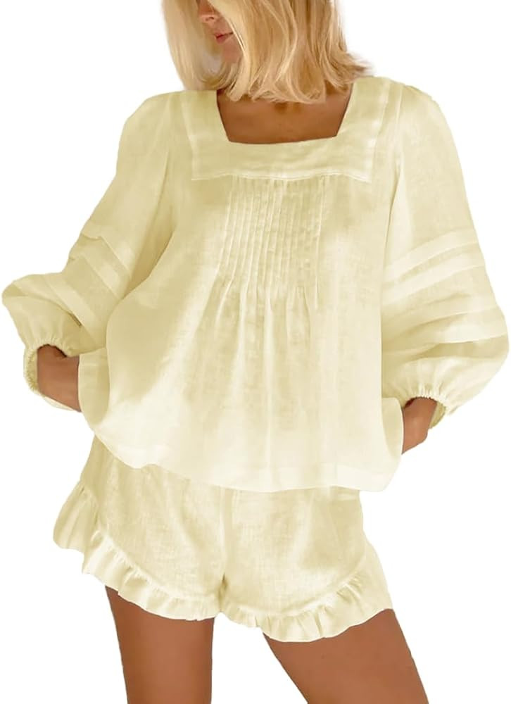 Women's Fashion 2 Piece Sets Square Neck Puff Long Sleeve Tops and Ruffle Shorts Summer Vacation ... | Amazon (US)