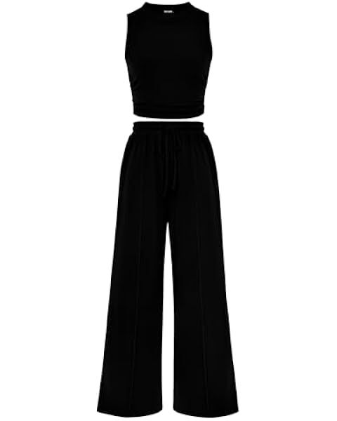 ANRABESS Women's Summer 2 Piece Outfits Sleeveless Crop Top Capri Wide Leg Pants Jumpsuit Linen L... | Amazon (US)