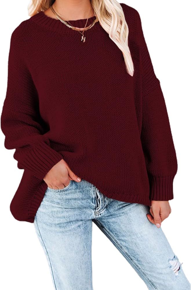 SHEWIN Women's Long Sleeve Oversized Crewneck Solid Color Knit Pullover Sweater Tops | Amazon (US)