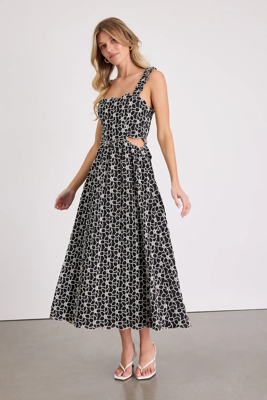 Myka Black Floral Embroidered Cutout Midi Dress | Lulus