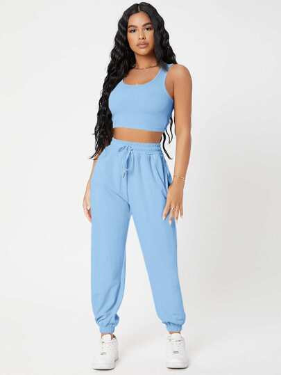 SHEIN PETITE Solid Crop Tank Top And Joggers Set | SHEIN