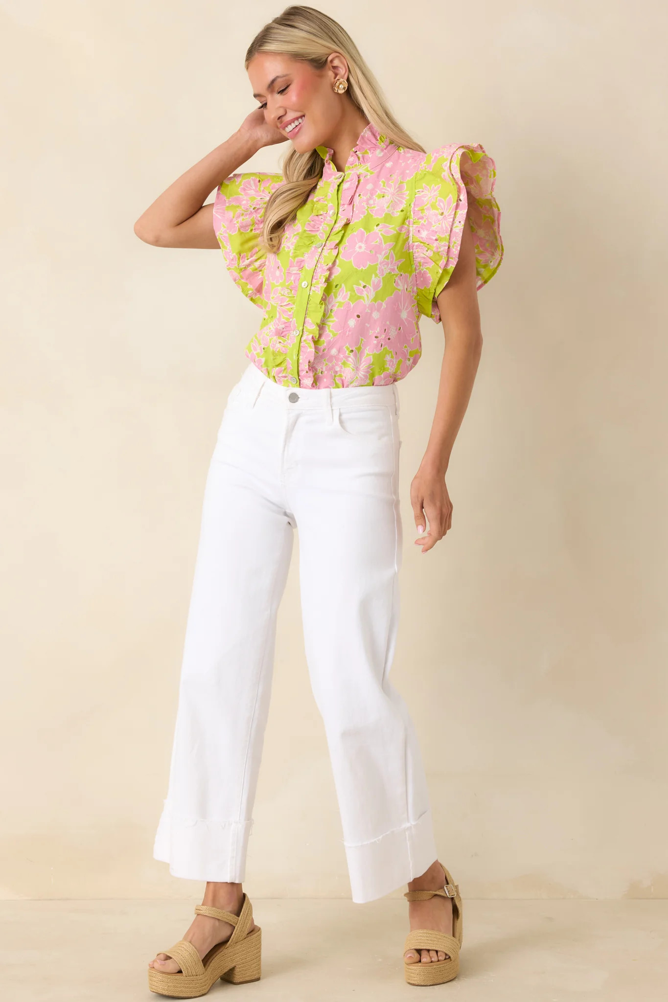 Make It Known Chartreuse & Pink Floral Cotton Eyelet Top | Red Dress