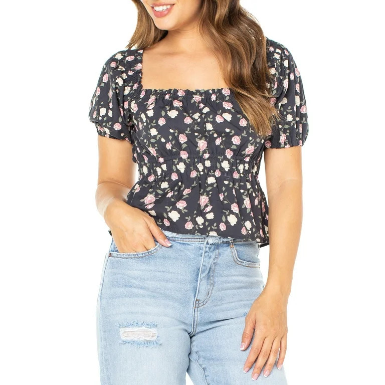 Celebrity Pink Juniors' Floral Top with Puff Sleeves, Sizes XS-XXXL | Walmart (US)