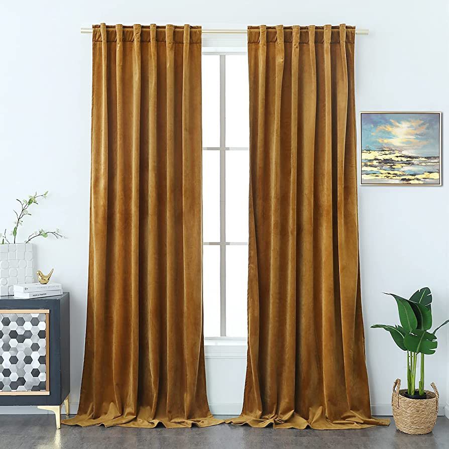 Timeper Gold Velvet Curtains 96 Inches - Super Soft Velvet Drapes Heat & Sunlight Blocking Curtai... | Amazon (US)