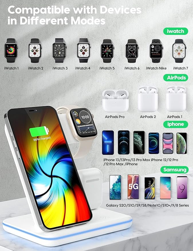 Wireless Charging Station, 2023 Upgraded 3 in 1 Wireless Charger Stand with Breathing Indicator C... | Amazon (US)