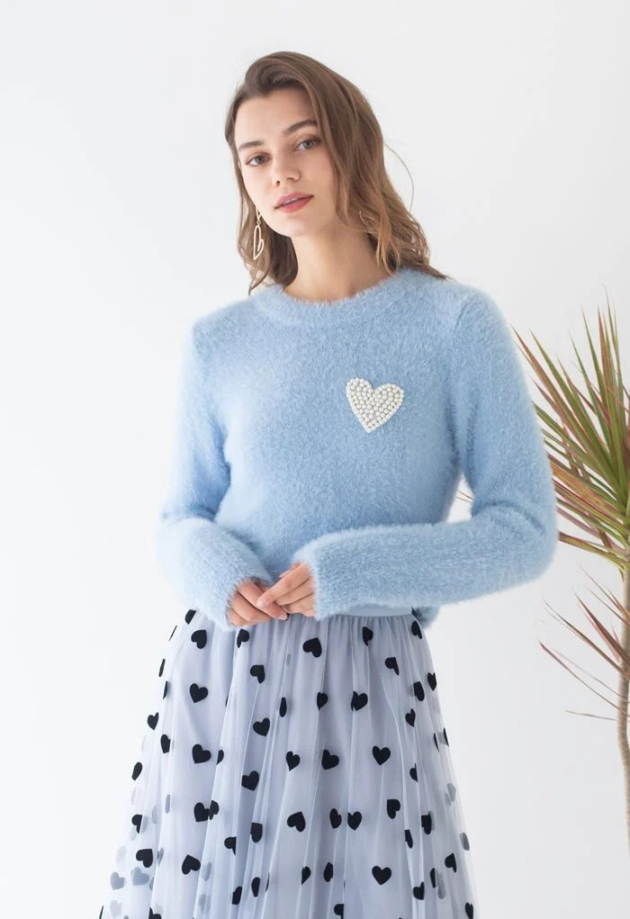 Pearly Heart Patch Soft Fuzzy Knit Sweater in Blue | Chicwish