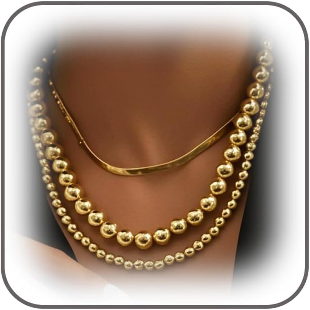 Trendy Layered Beaded Snake Chain Necklace for Women, Statement Chunky Multi Layer Round Ball Bea... | Amazon (US)